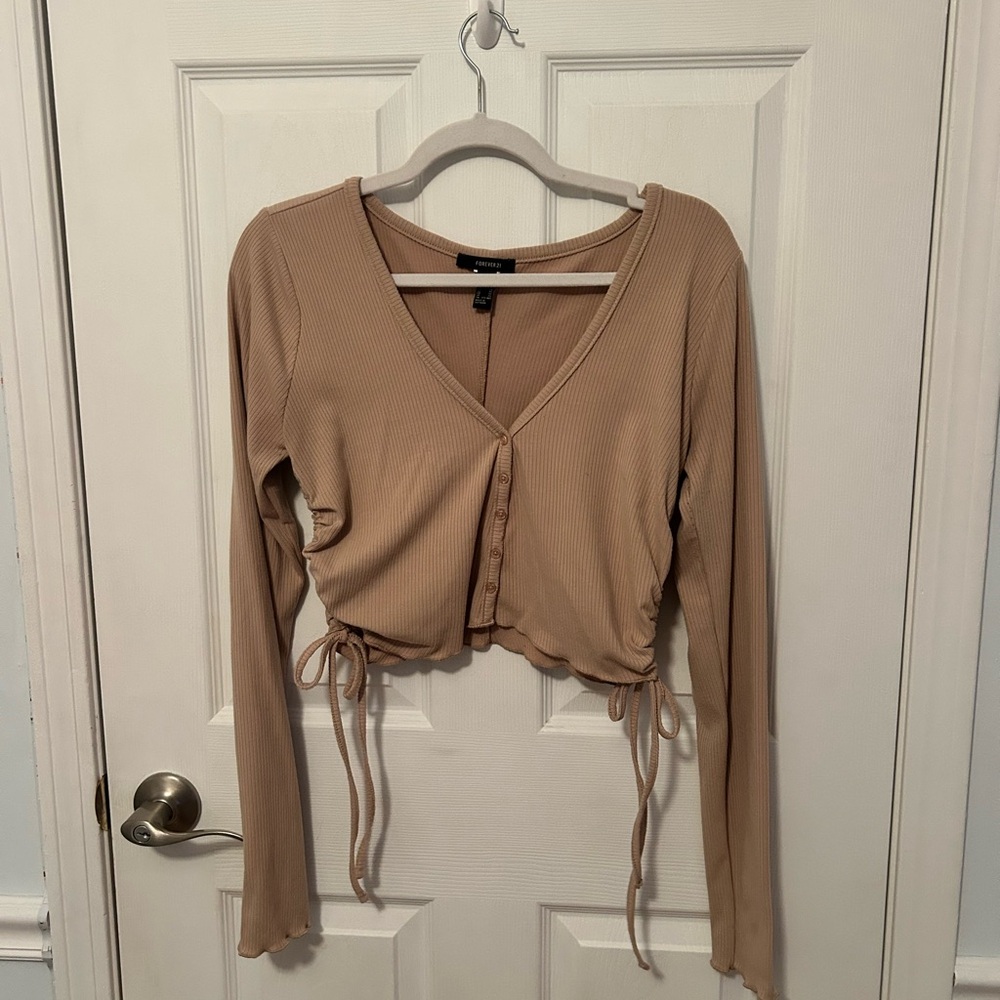 Forever 21 Tan Ribbed Long Sleeve Button-down Crop Top